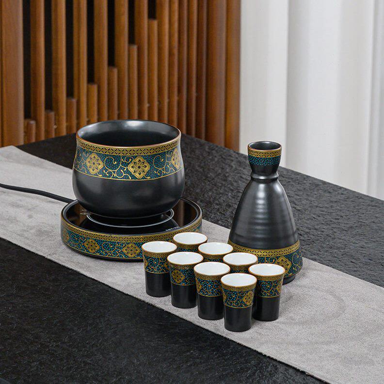 甄选温酒器家用陶瓷酒杯套装日式复古烫酒壶加热黄酒清酒分酒器礼