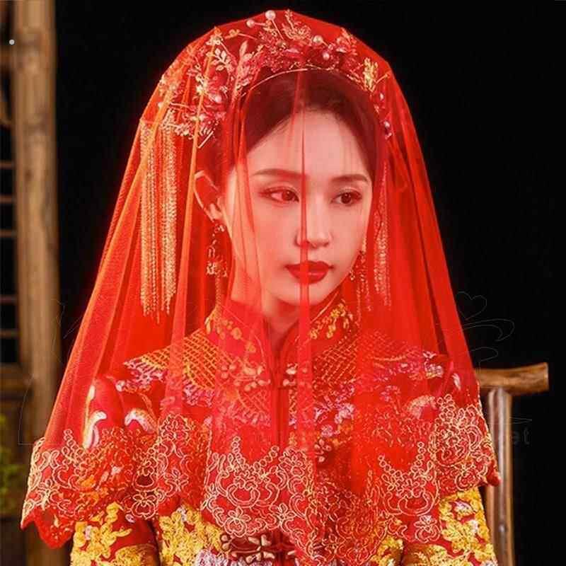 红盖头新娘结婚2025秀禾服高级出嫁红色头纱巾蕾丝高档汉服蒙头红