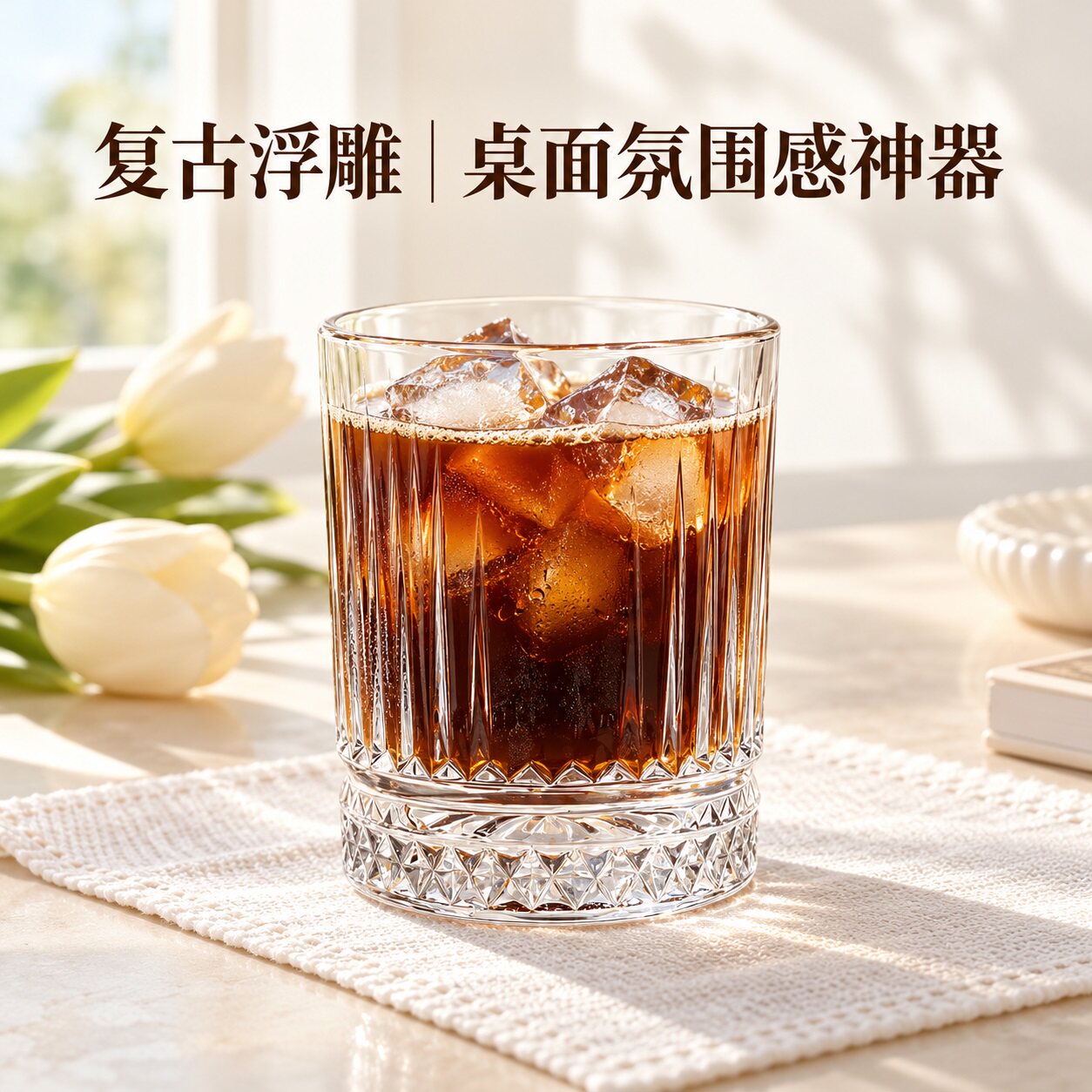 ins复古竖纹玻璃杯高颜值钻石浮雕水杯家用客厅冷饮杯桌装饰杯子