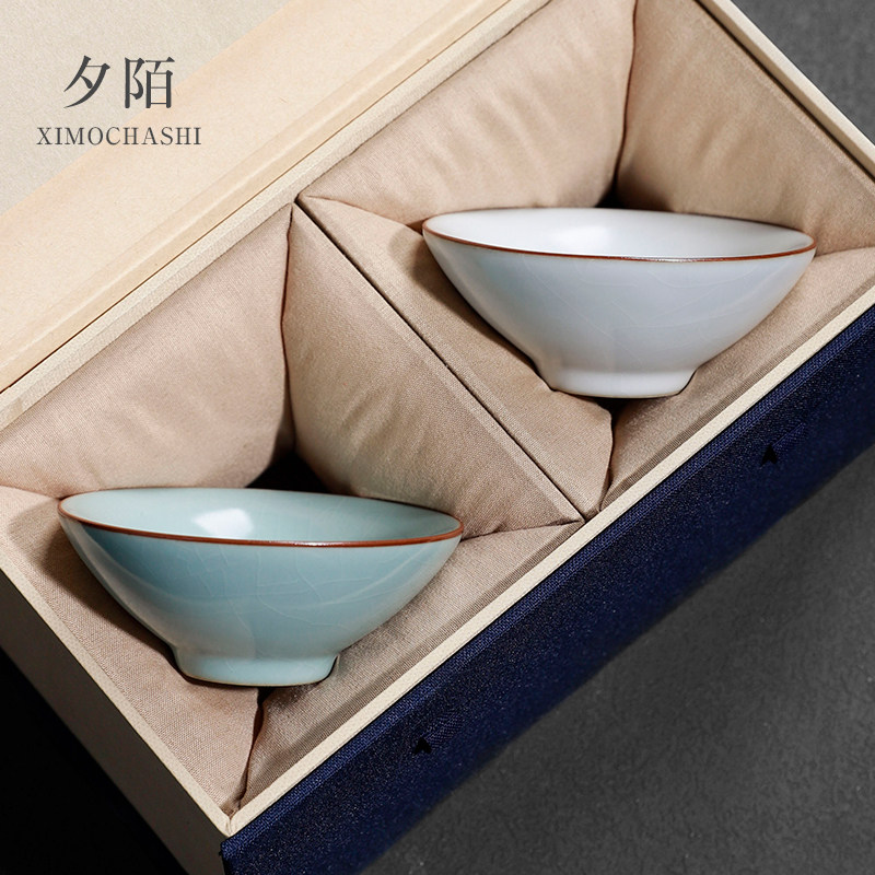 恒缘高档汝窑天青月白茶杯功夫茶具开片主人杯冰裂纹斗笠杯情侣杯