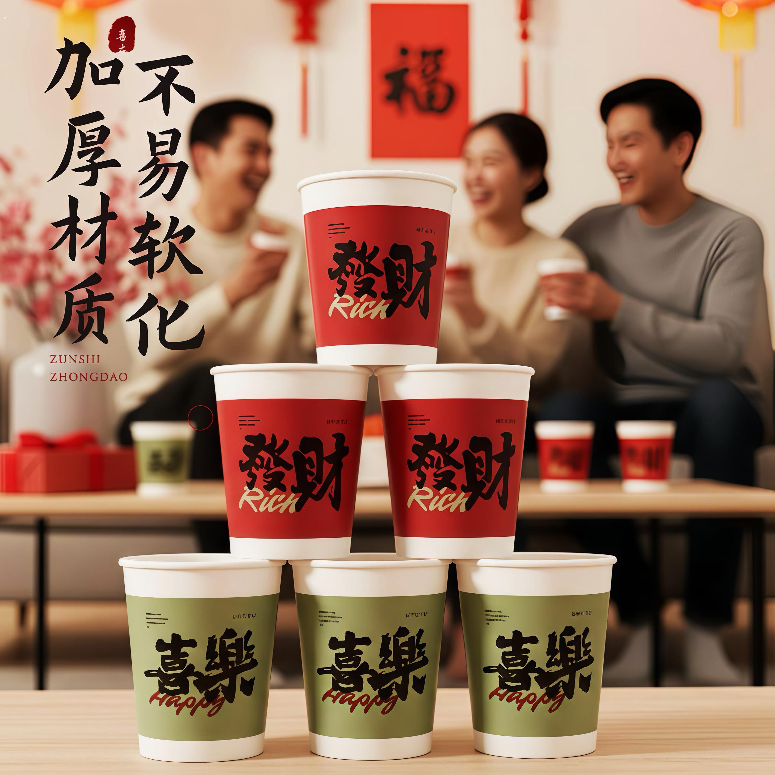 新年纸杯加厚一次性家用耐热防渗水春节2026新款马年喜庆纸杯过年