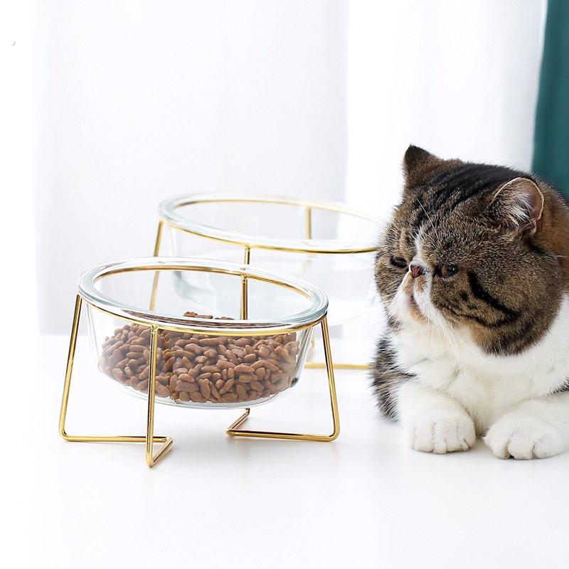 猫碗斜口倾斜玻璃宠物碗猫粮碗猫食盆猫咪饭碗狗食盆保护颈椎高脚