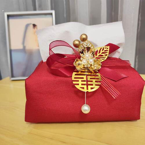 大红喜字结婚抽纸盒酒红色婚庆布艺纸巾袋卧室客厅婚房结婚装饰