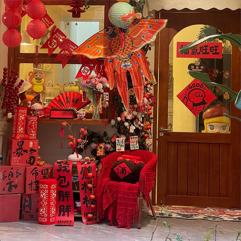 店铺新年主题风筝挂饰场景美陈布置网红氛围感甜品店橱窗元旦布景