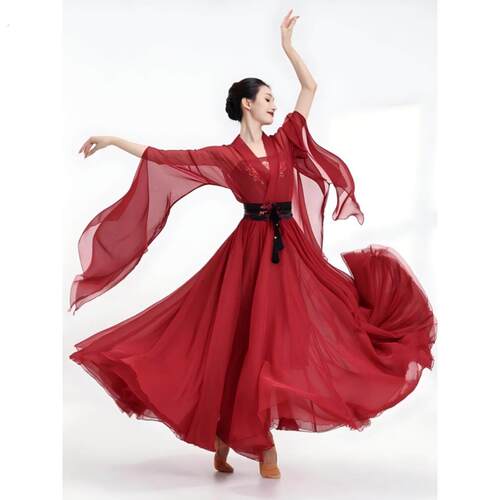 古典舞演出服女中国风现代舞蹈练功服红色古风披风中国风飘逸汉服