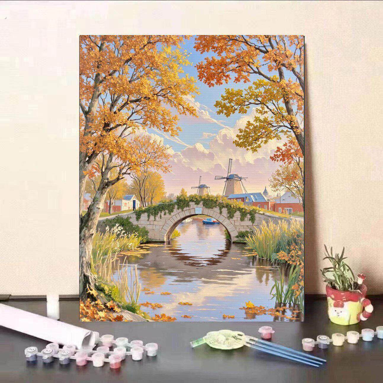 简单又好看数字油画填色风景秋天丙烯画0基础涂色画治愈系小屋