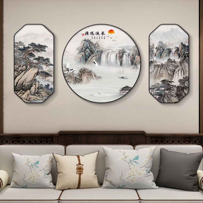 山水画新中式客厅装饰画沙发背景墙挂画茶室三联画国画办公室壁画