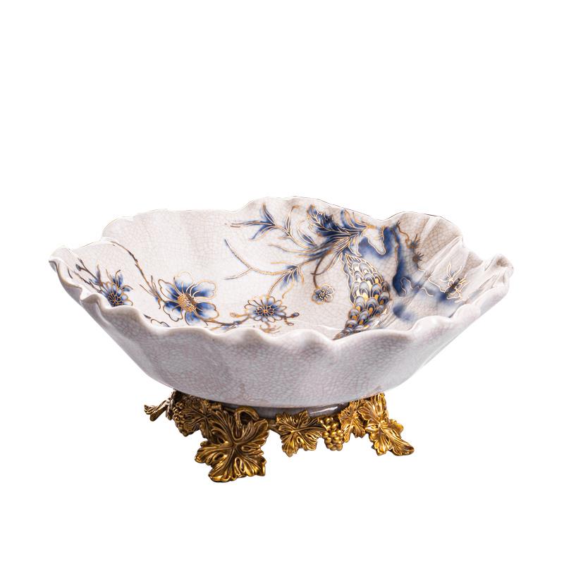 美式陶瓷镶铜装饰茶几水果盘创意古典孔雀描金客厅工艺品果盘摆件