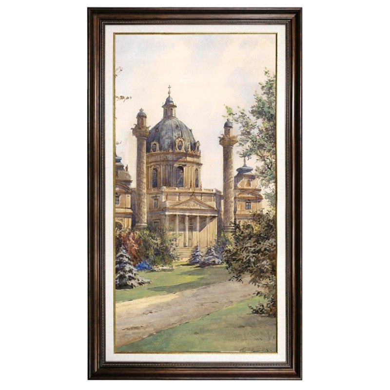 美式入户玄关装饰画竖版欧式建筑油画走廊楼梯有框挂画尺寸可定做