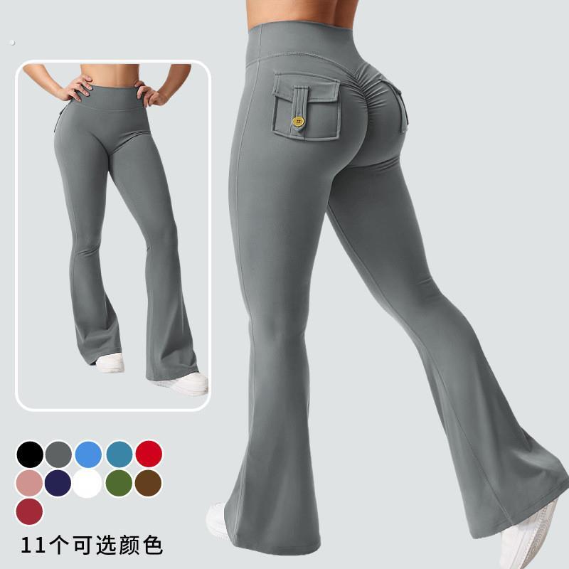 亚马逊工装口袋瑜珈裤女喇叭裤提臀运动紧身健身裤微喇瑜珈裤