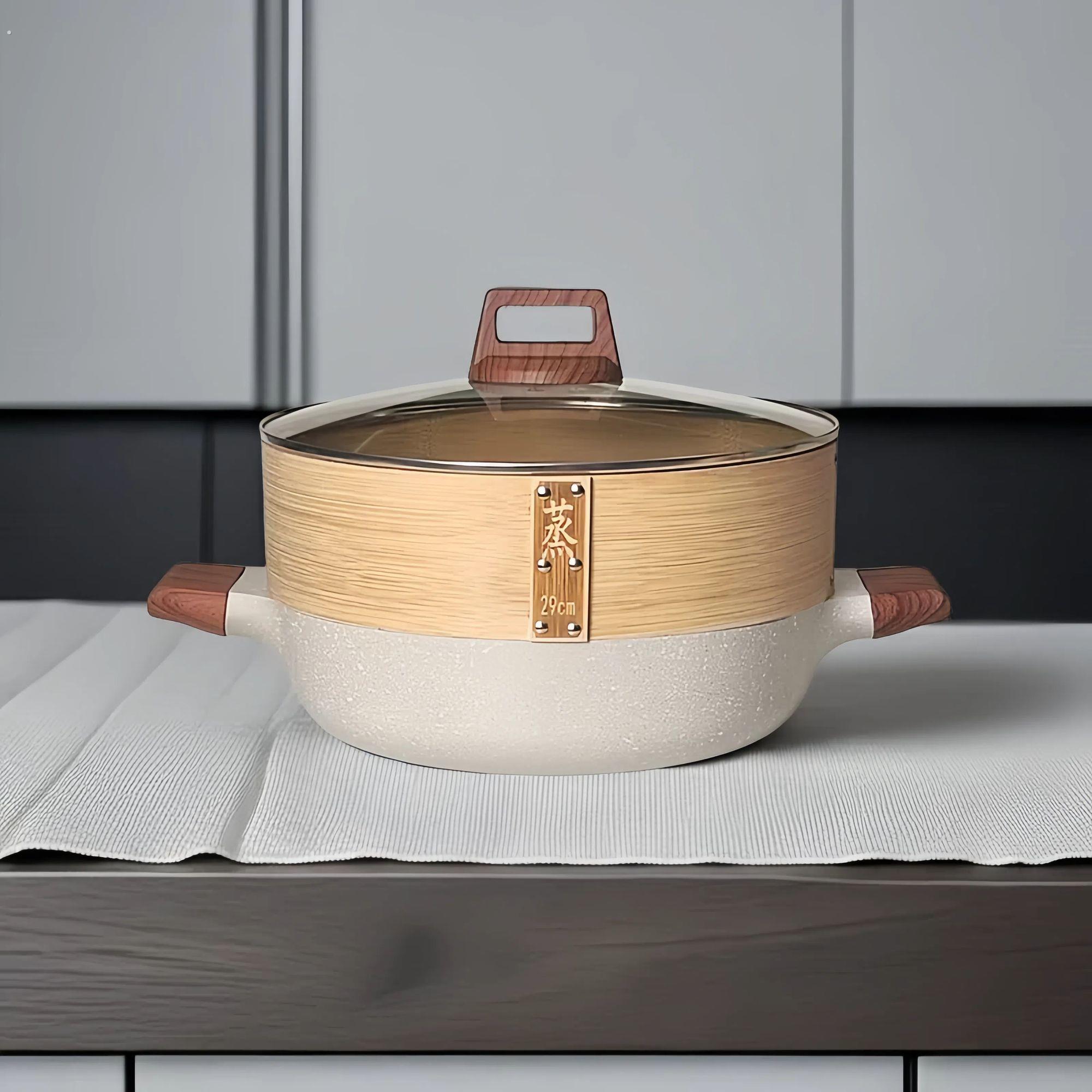 麦饭石不沾锅铆钉下牙口竹蒸笼家用商用小号大号多功能加深反牙汤