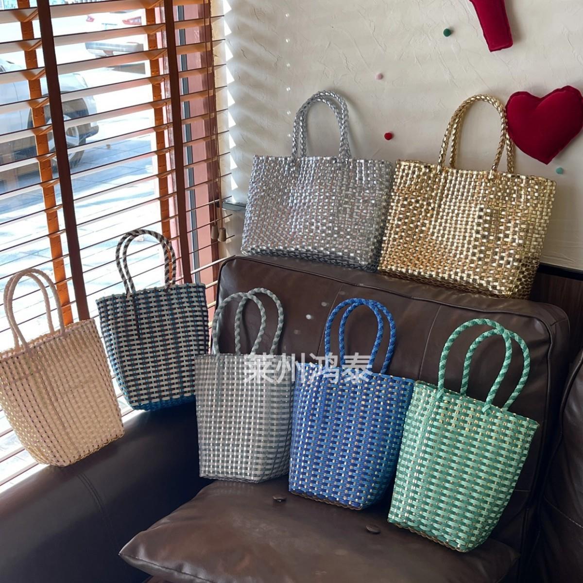 外贸日本订单blingbling大容量手工编织菜篮子包包女防水野餐篮