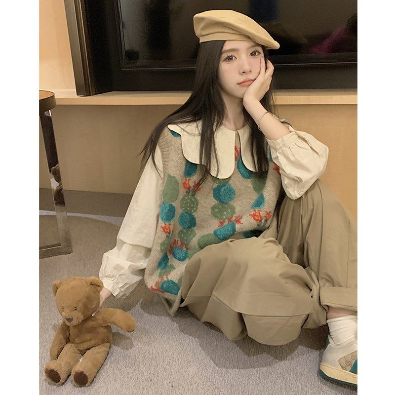 大码女装秋季时尚套装云朵领衬衫+针织马甲+百搭肥腿裤显瘦三件套