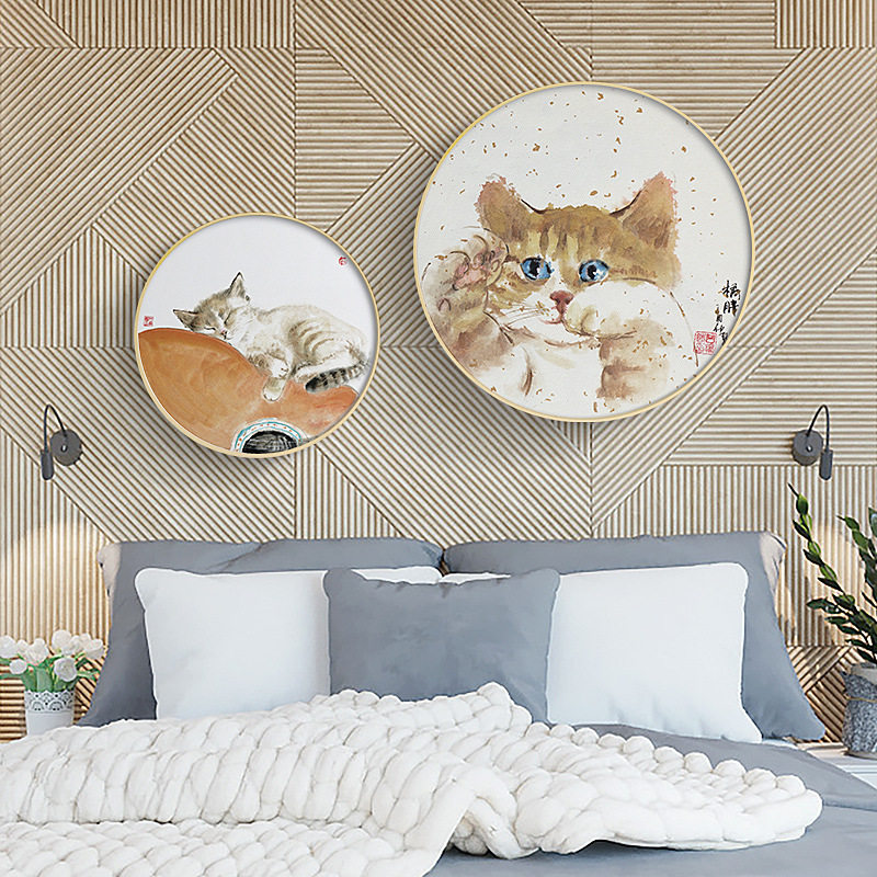 新中式装饰画卡通猫咪喷绘油画客厅沙发背景玄关墙上挂画圆形壁画