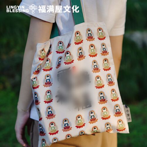 杭州灵隐新品绒布袋丝绸缎面单肩包国风帆布袋文艺手拎包女包