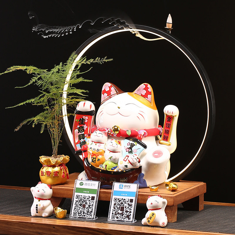 创意店铺高档开业礼品陶瓷招财猫电自动招手收银台二维码语音播报