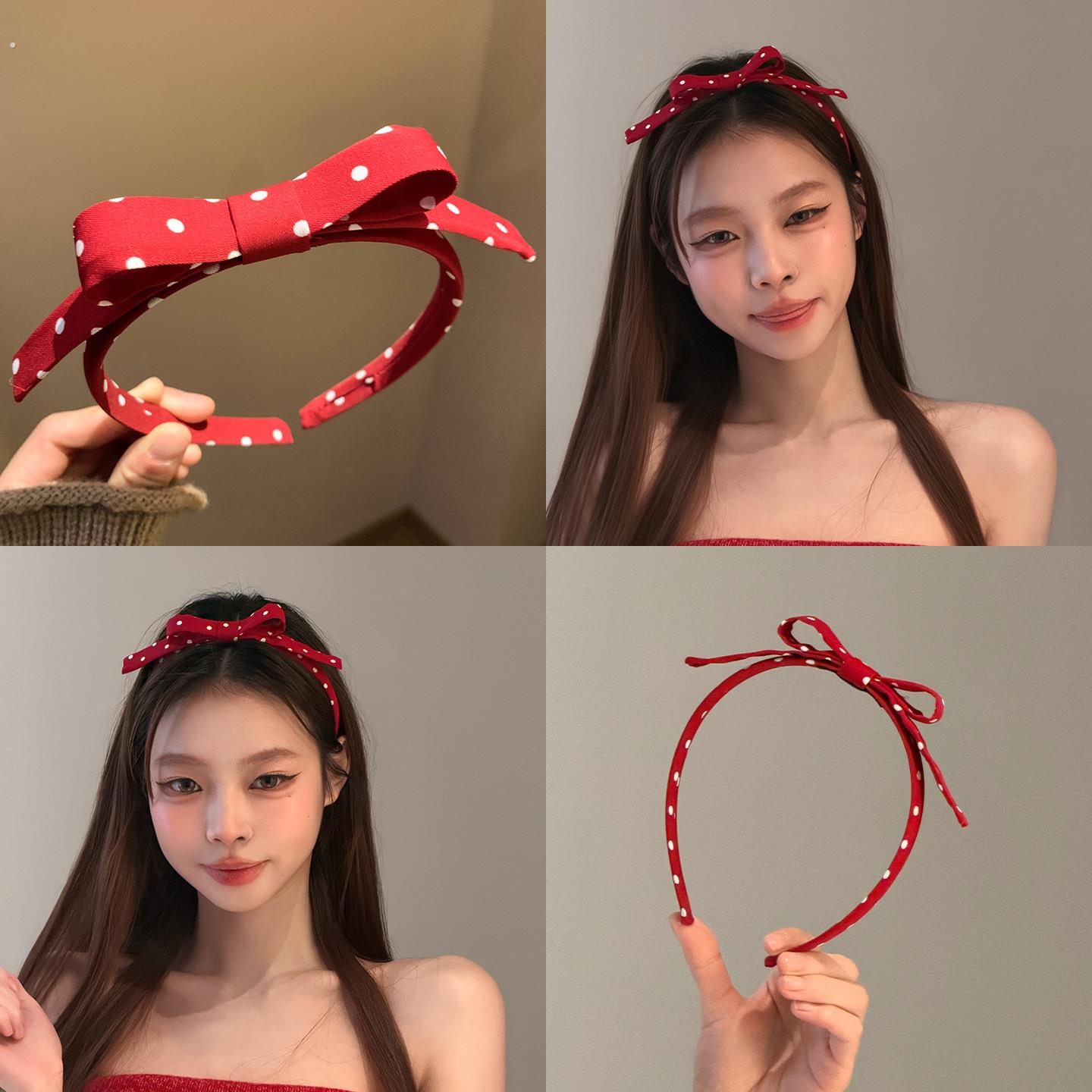 甜美可爱红色波点蝴蝶结发箍女韩系高颅顶压发头箍日常外戴头饰