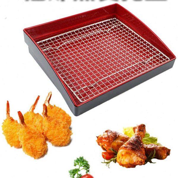 超市熟食油炸托盘烧烤炸鸡陈列仿瓷托盘黑红色长方形展示盘漏沥网