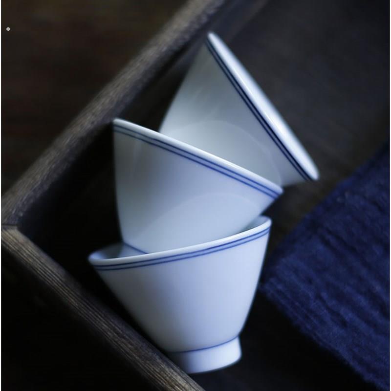 远山堂白瓷手绘蓝线斗笠杯功夫茶具子母线茶杯品茗杯主人杯单杯