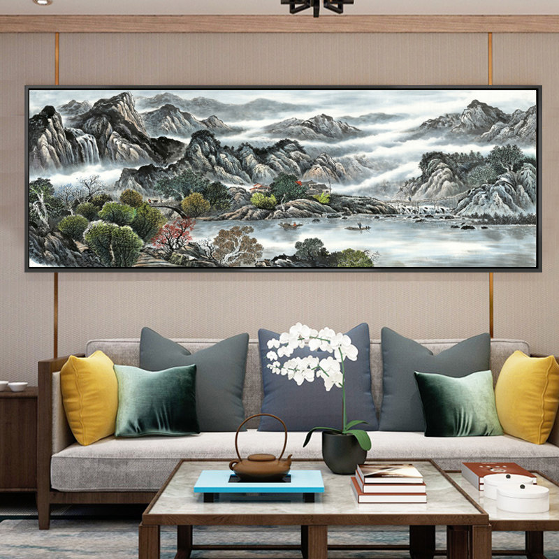 客厅装饰画新中式山水画沙发背景办公室挂画水墨工笔书房茶室壁画