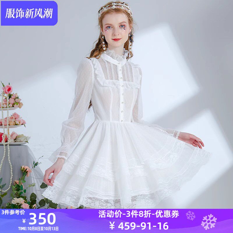 艾丽丝2024秋季新款蕾丝波点甜美白色连衣裙女半高领短款黑色裙子