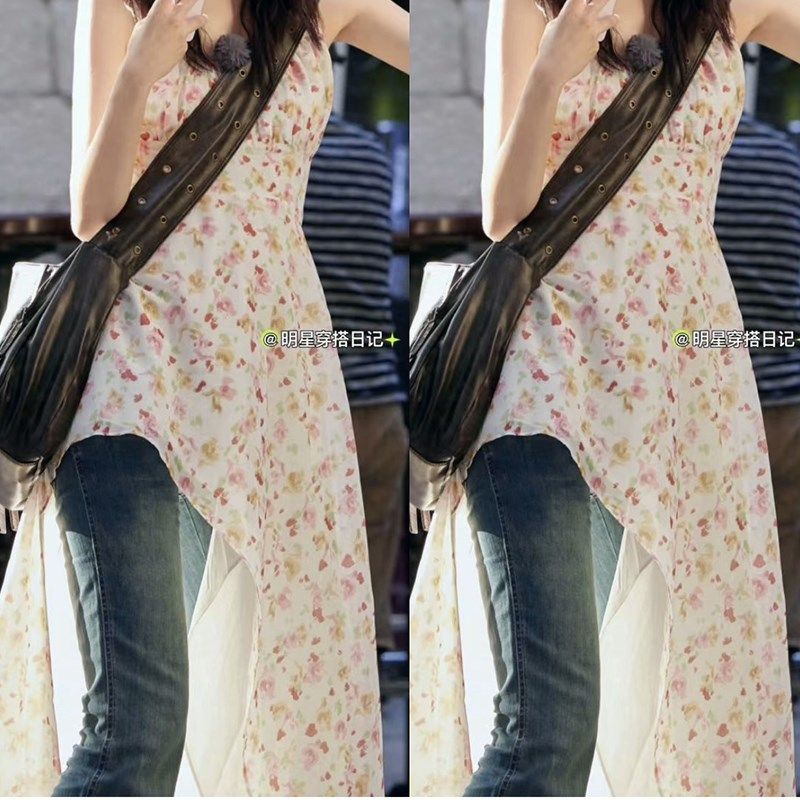花少妹宝赵昭仪穿搭吊带连衣裙叠穿微喇叭牛仔裤女碎花裙裤子套装