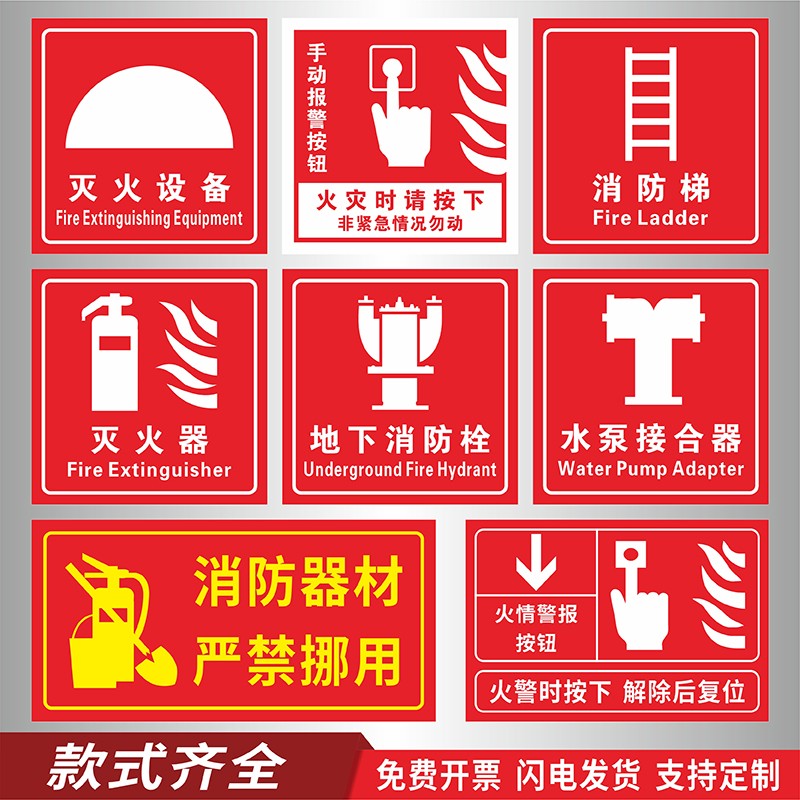 消防手报按钮标识灭火器消火栓使用方法贴纸消防器材灭火器放置点
