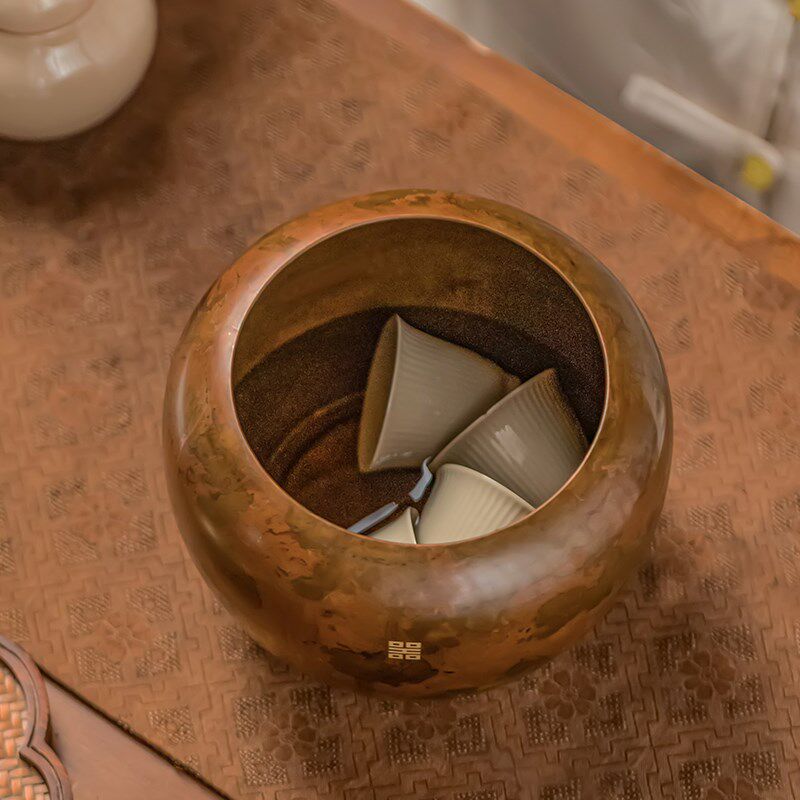 中式仿古黄铜建水茶洗家用大容量废水缸高端复古茶渣缸水盂茶水缸