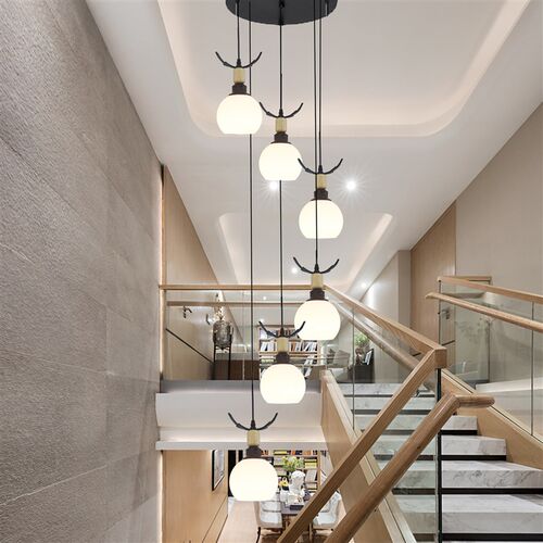 北欧简约loft楼梯长吊灯别墅旋转跃层铁艺玻璃餐厅吧台灯创意个性