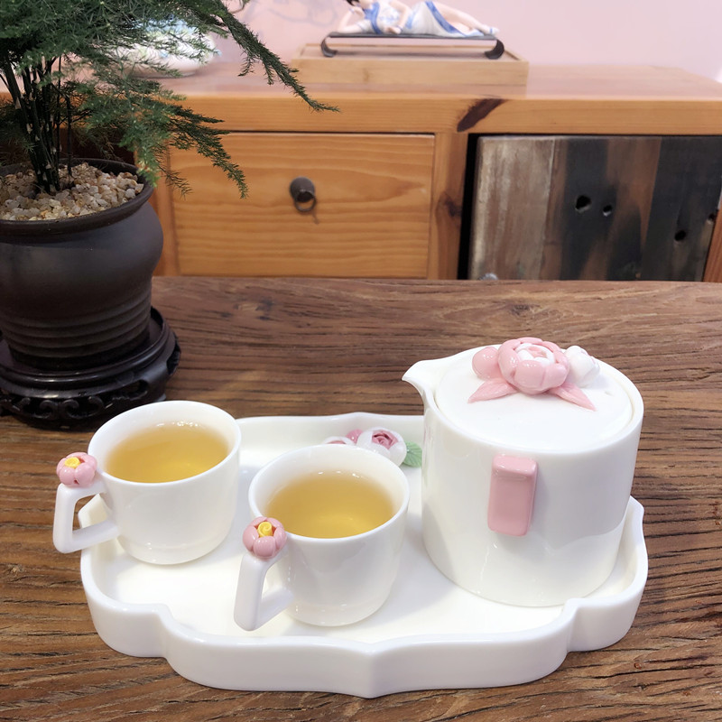 拈花粉白色家用茶室功夫茶具用具主人杯手抓壶侧把茶杯闻香杯壶承