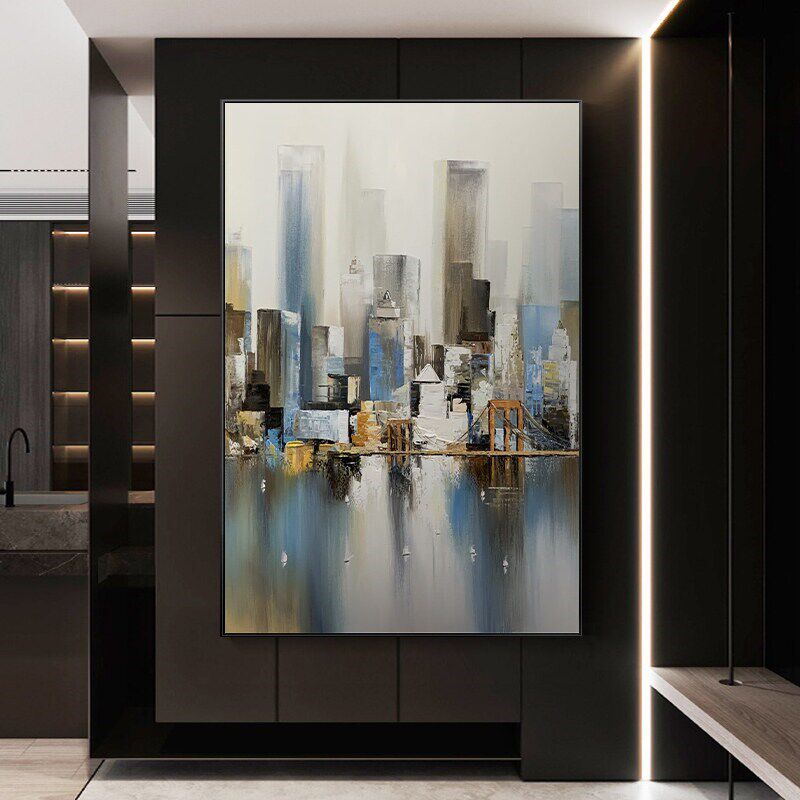 网红纯手绘油画玄幻建筑装饰画抽象轻奢壁画挂画印象城市北欧风格