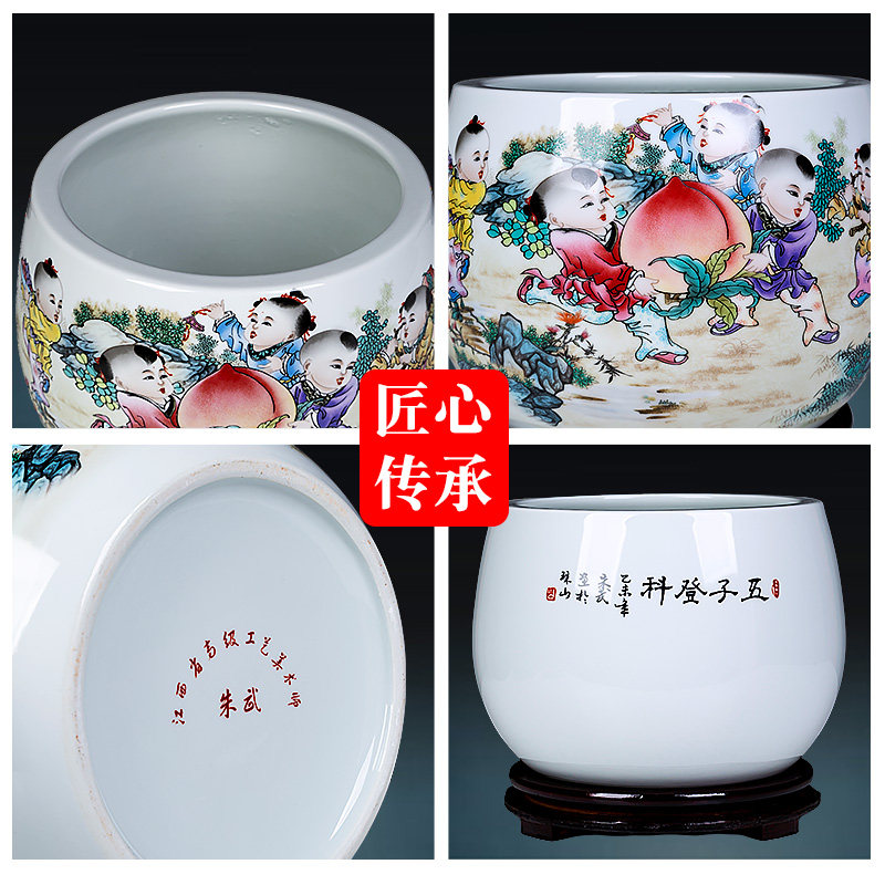 景德镇陶瓷器五子登科聚宝盆中式玄关酒柜家居客厅装饰工艺品摆饰