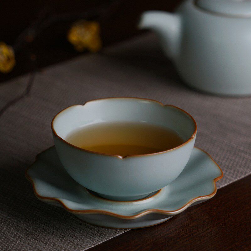汝窑茶杯托陶瓷手工杯碟家用景德镇瓷器汝瓷功夫杯垫仿古青瓷礼品