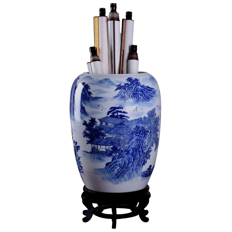 景德镇陶瓷青花瓷直筒大号书画缸卷轴缸字画收纳桶落地箭筒雨伞桶