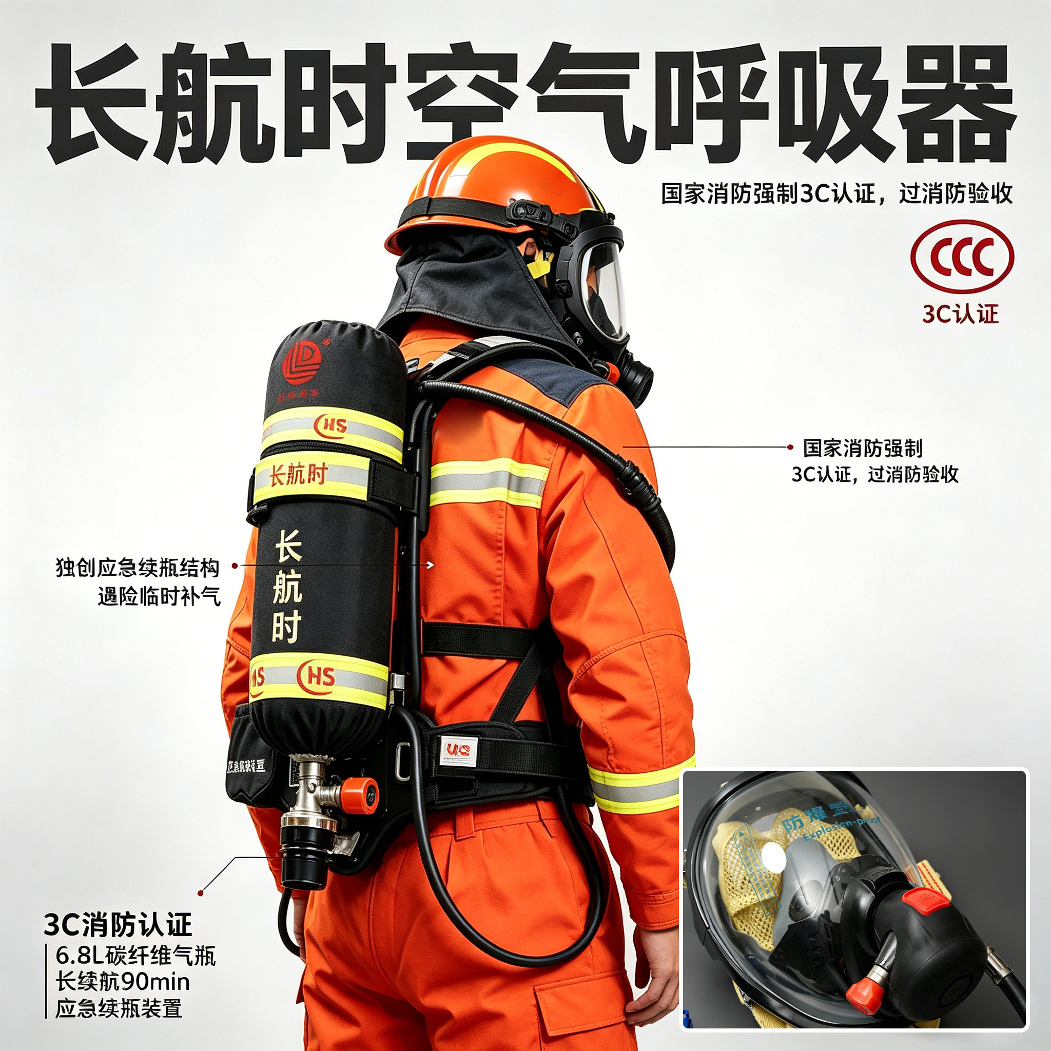 长航时正压式空气呼吸器3C认证碳纤维气瓶防爆面罩消防员防护装备