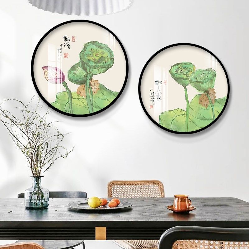 荷花圆形装饰画新中式荷花客厅沙发背景墙画卧室床头餐厅莲蓬挂画