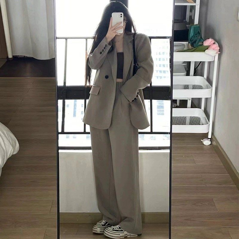 胖MM灰色西装套装女高级感2023新款大码休闲西服外套阔腿裤两件套