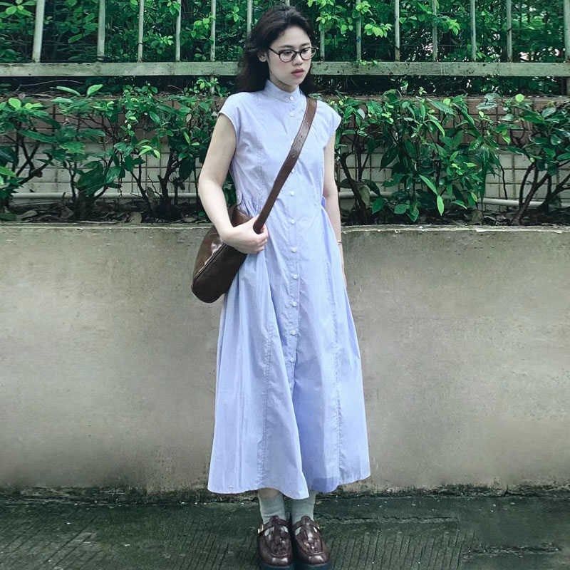 复古女装夏季新款衬衫连衣裙小立领高腰显瘦宽松休闲风中长裙子