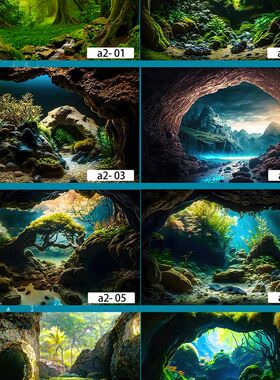 鱼缸背景贴纸高清图3D立体背景画龙鱼水族箱造景壁纸画洞穴地下湖