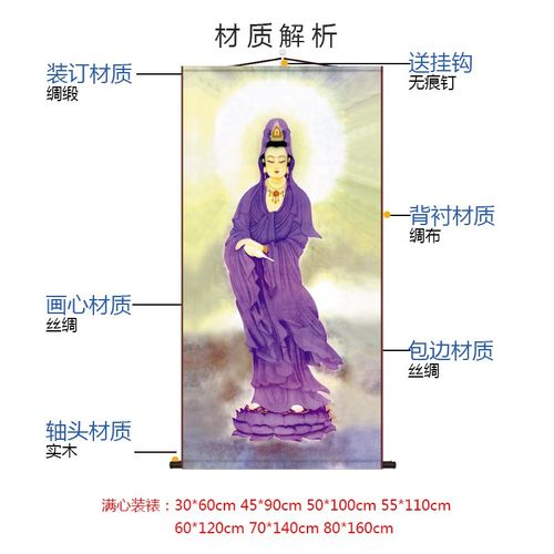紫衣观音菩萨画像挂画观世音佛像古典中式丝绸卷轴挂画客厅装饰画