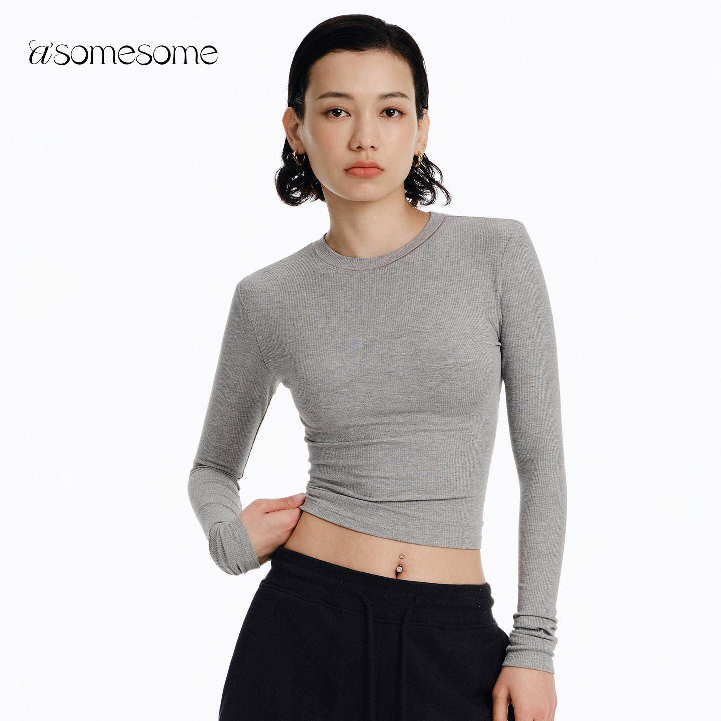 asomesome美式基础白色修身圆领长袖t恤女紧身上衣内搭灰色打底衫