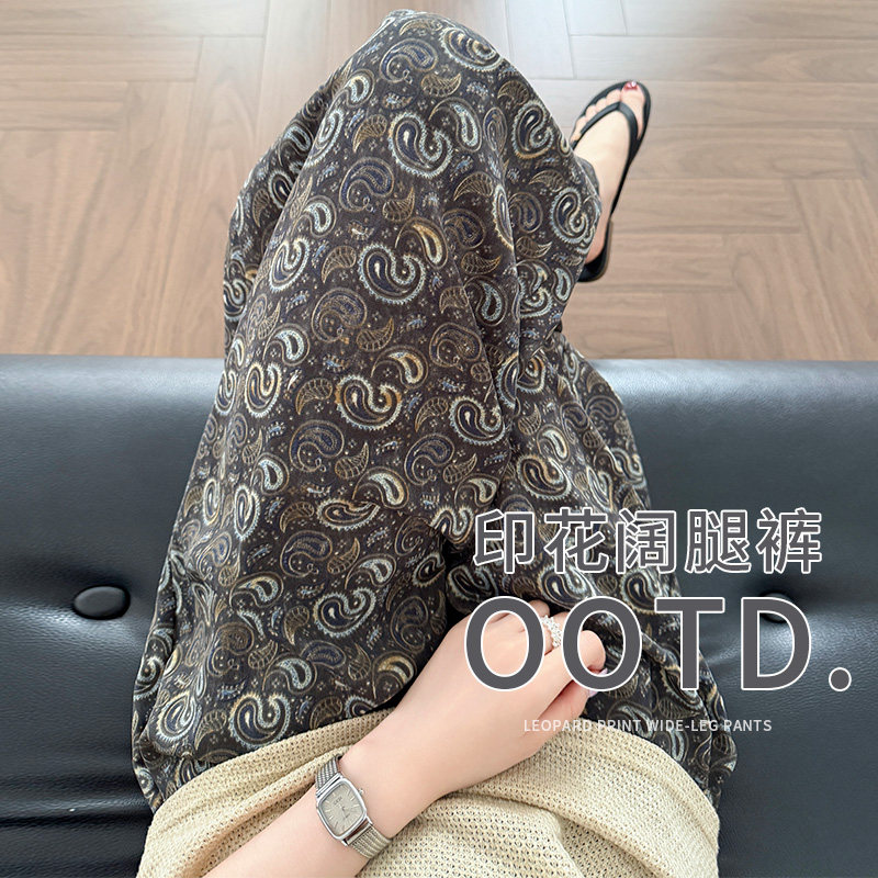 女夏季棉绸花裤薄款阔腿裤家居运动简约可外穿人造棉薄款九分裤