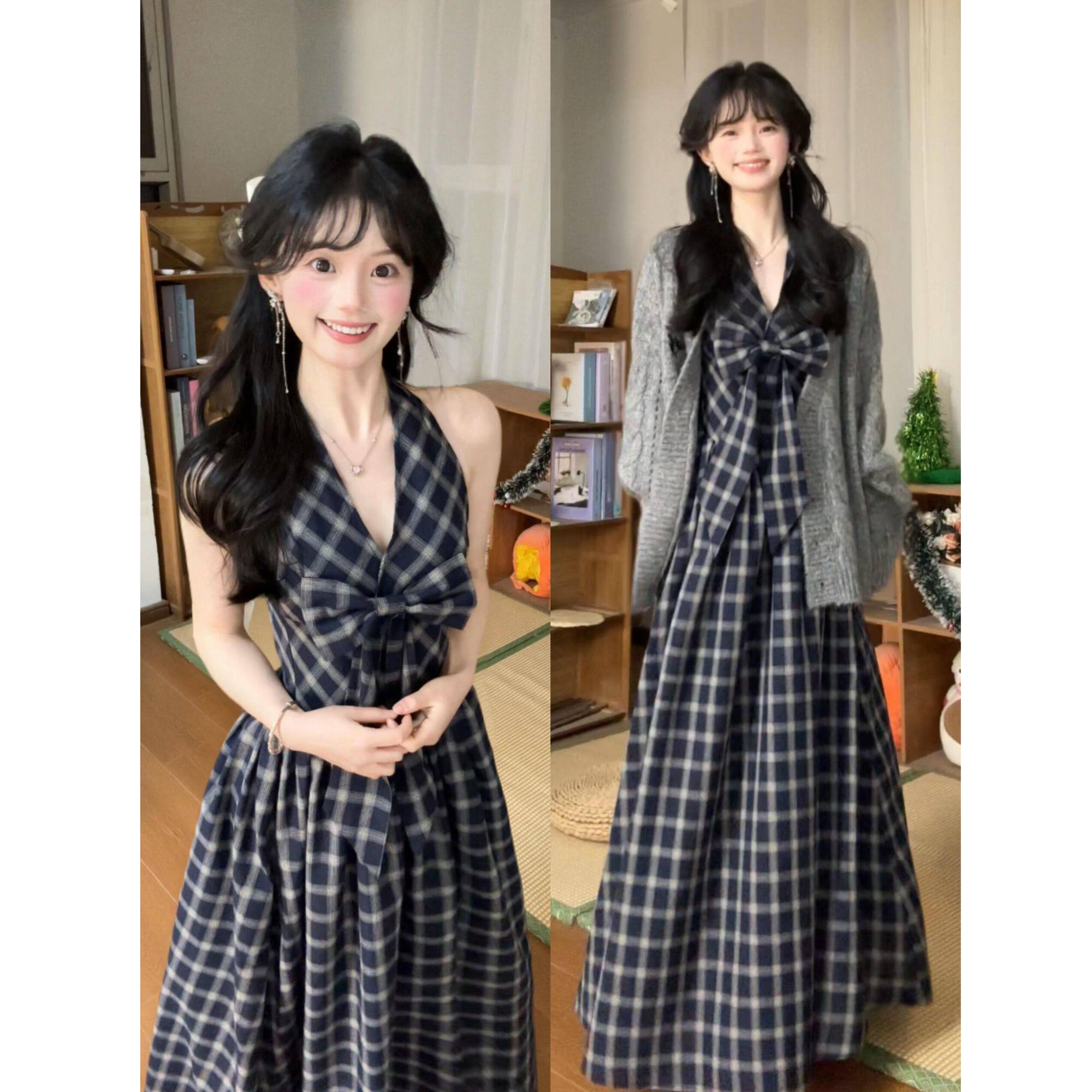 春季蝴蝶结早春漂亮连衣裙长裙女毛衣开衫一整套ootd穿搭套装裙子