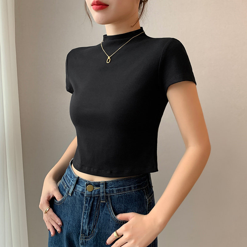 半高领短袖t恤女露脐修身上衣
