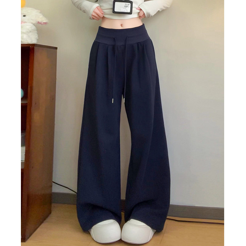 美式藏青色阔腿裤女夏季2026新款低腰宽松垂感加绒加厚慵懒运动裤