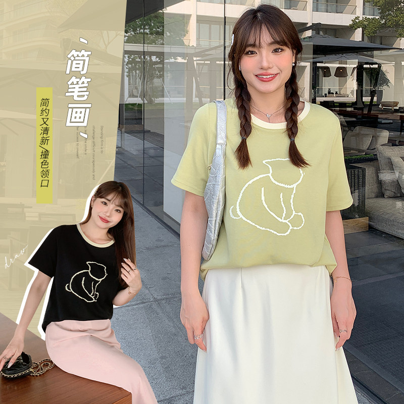 胖mm夏季新款小清新甜美卡通印花撞色短袖亲肤透气减龄圆领T恤女