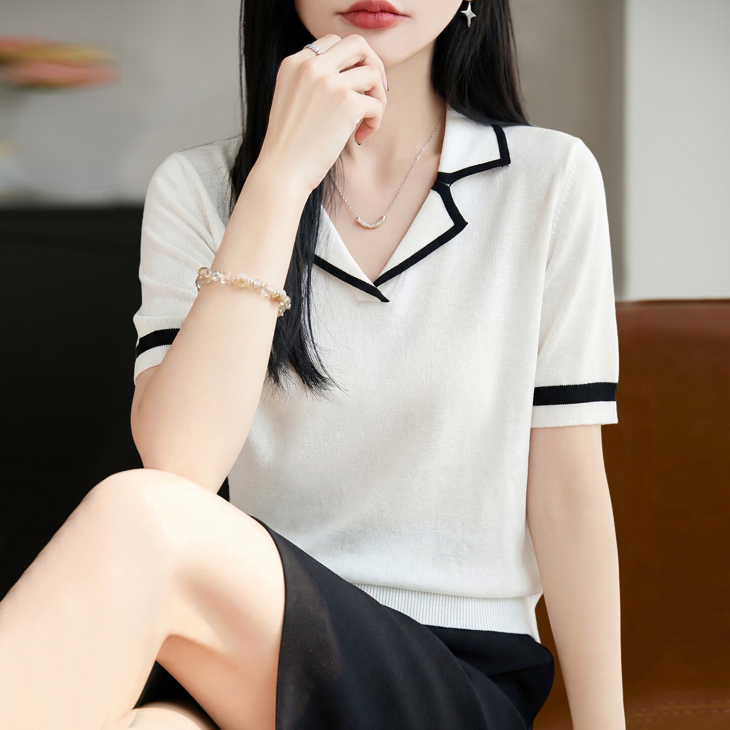 拉夏贝尔Polo领短袖t恤女夏季遮肚子上衣宽松薄款大码冰丝针织衫
