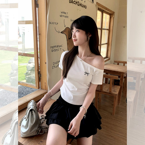 时尚斜肩蝴蝶结短袖T恤女
