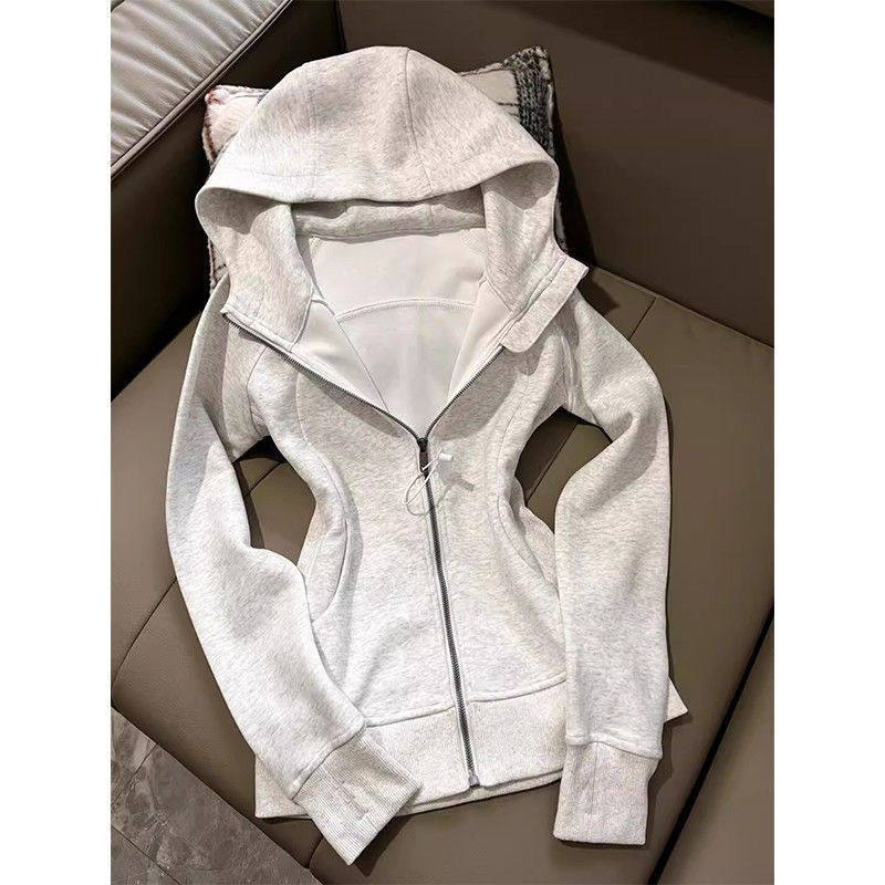 美式灰色正肩修身开春穿搭卫衣收腰外套女装春秋2026新款连帽上衣