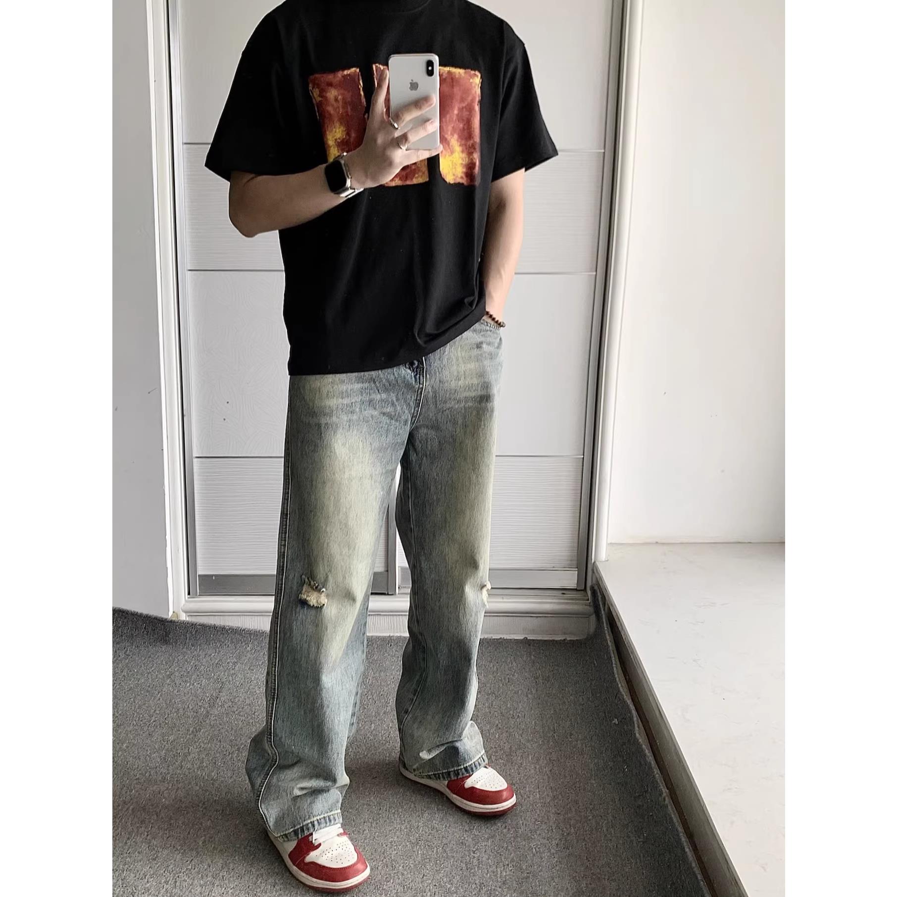 美式复古做旧破洞百搭街头牛仔裤男休闲vintage风宽松直筒长裤子